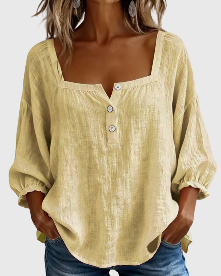 Arianne | Women's Square Neck Blouse 3/4 Puff Sleeve Button Top