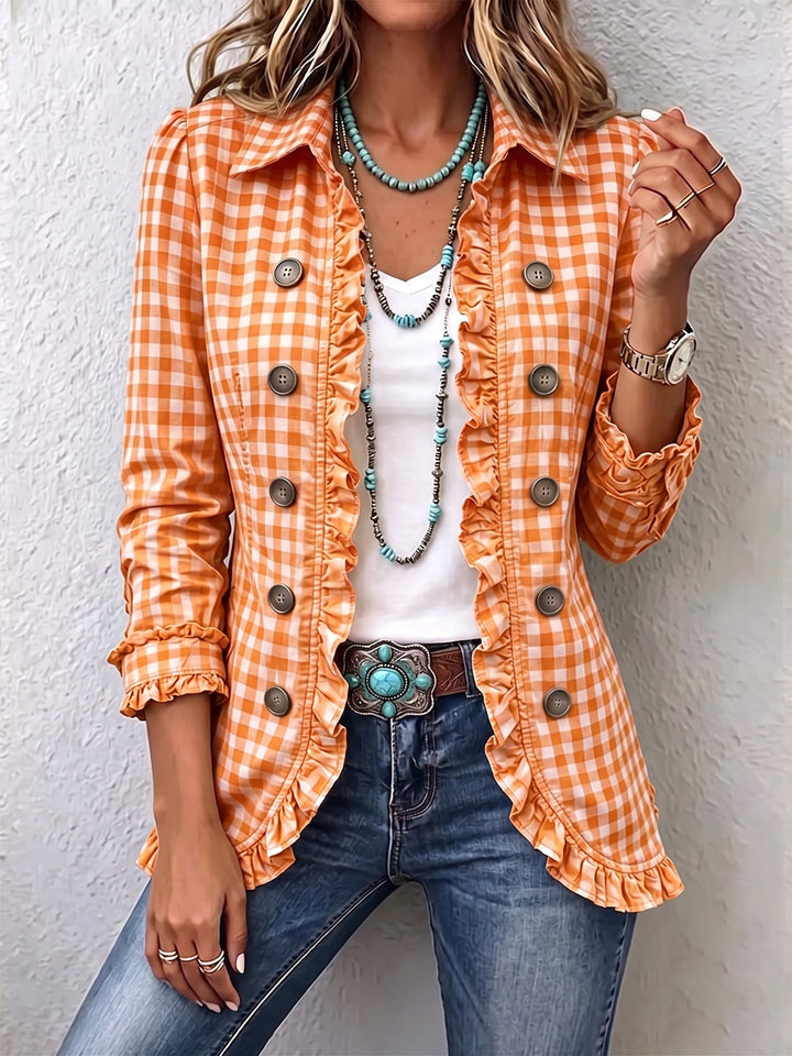Charlene™ Gingham Ruffled Button-Up Jacket