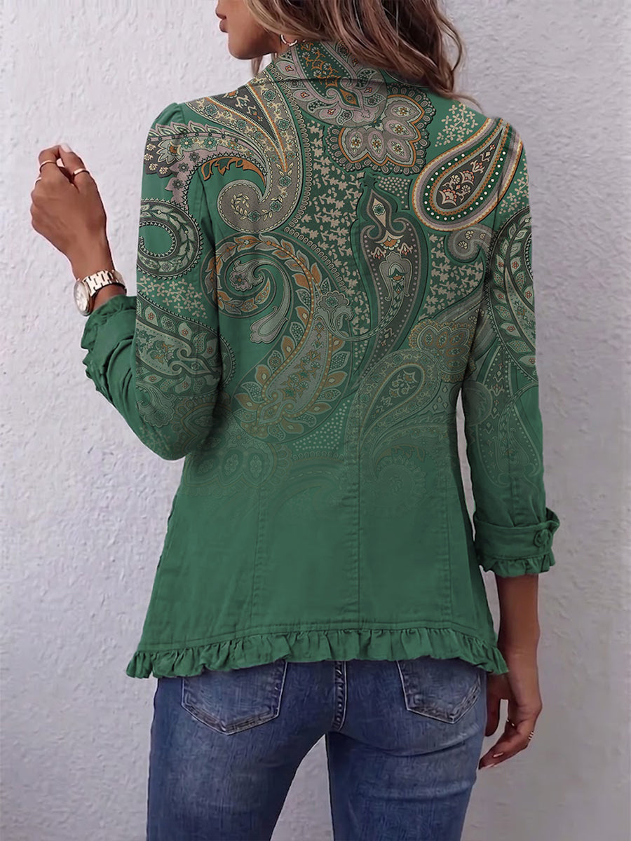Jemara™ | Bohemian-Inspired Ruffled Jacket with Paisley Print