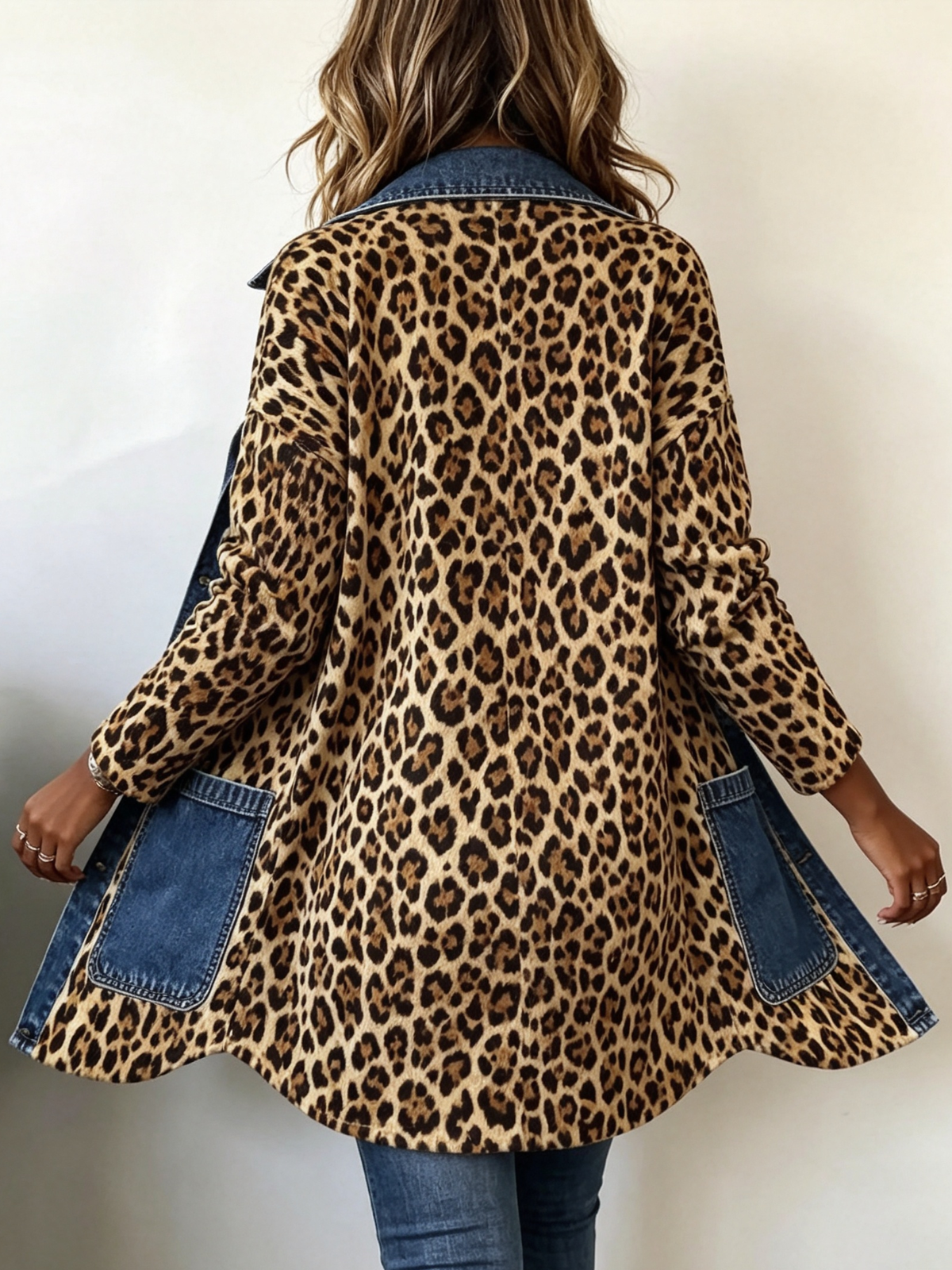 Fablenne™ | Longline Jacket with Leopard Print Denim Panels