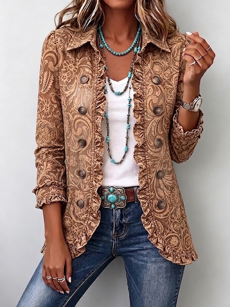 Vyclara™ | Retro Boho Floral Ruffled Jacket